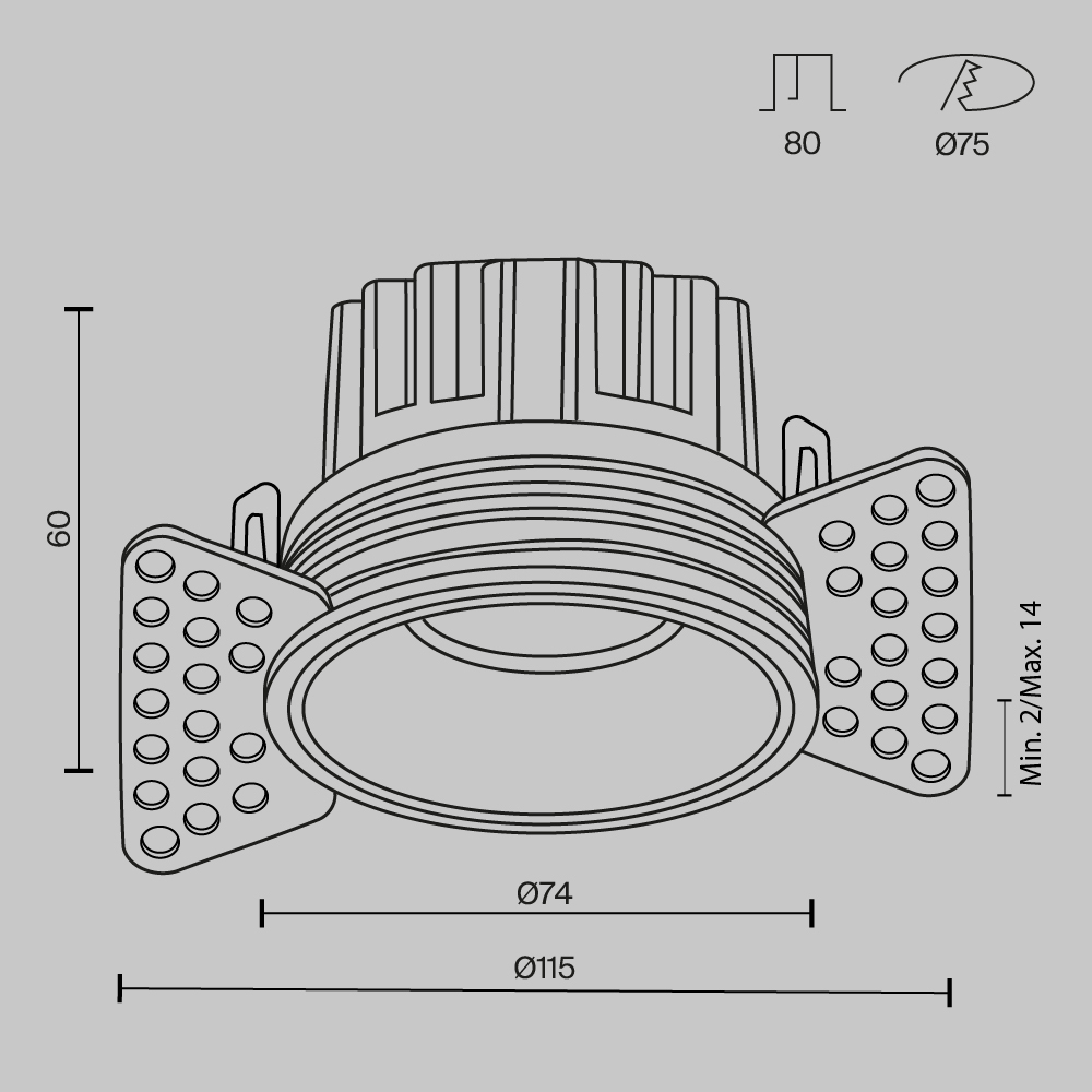 Süvisvalgusti TRIMLESS 12W sisseehitatav ümar, 3000K, 920lm, 50°, UGR<19, Ø74(115)x60mm, valge - Image 8